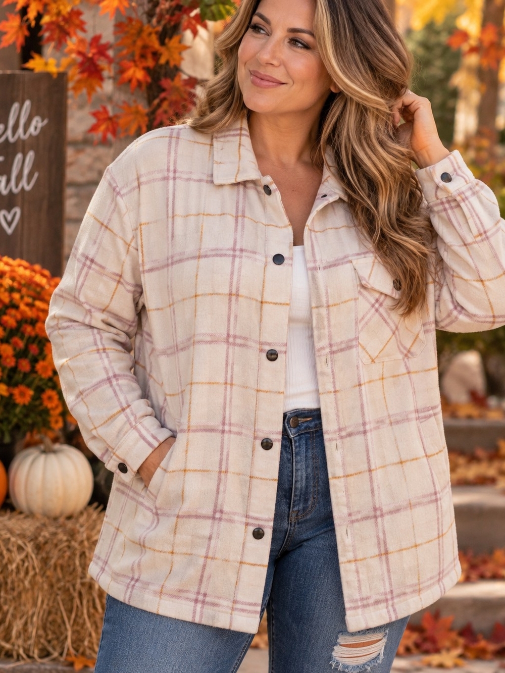 Women's Cream Plaid Utility Shacket with Pink & Tan Stripes